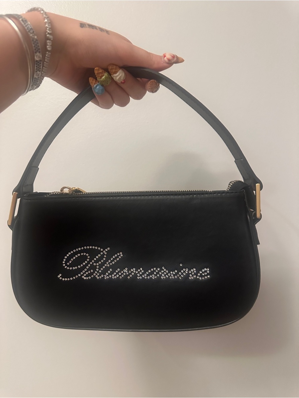 Blumarine Black Shoulder Bag with Crystal Script